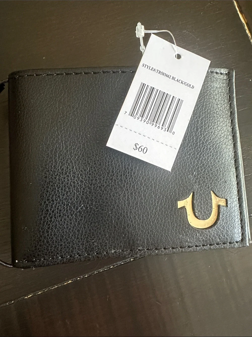 True Religion Black Leather Wallet with Gold Horseshoe Logo